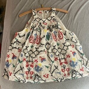 Anthropologie White Blouse with Multicolor Embroidery